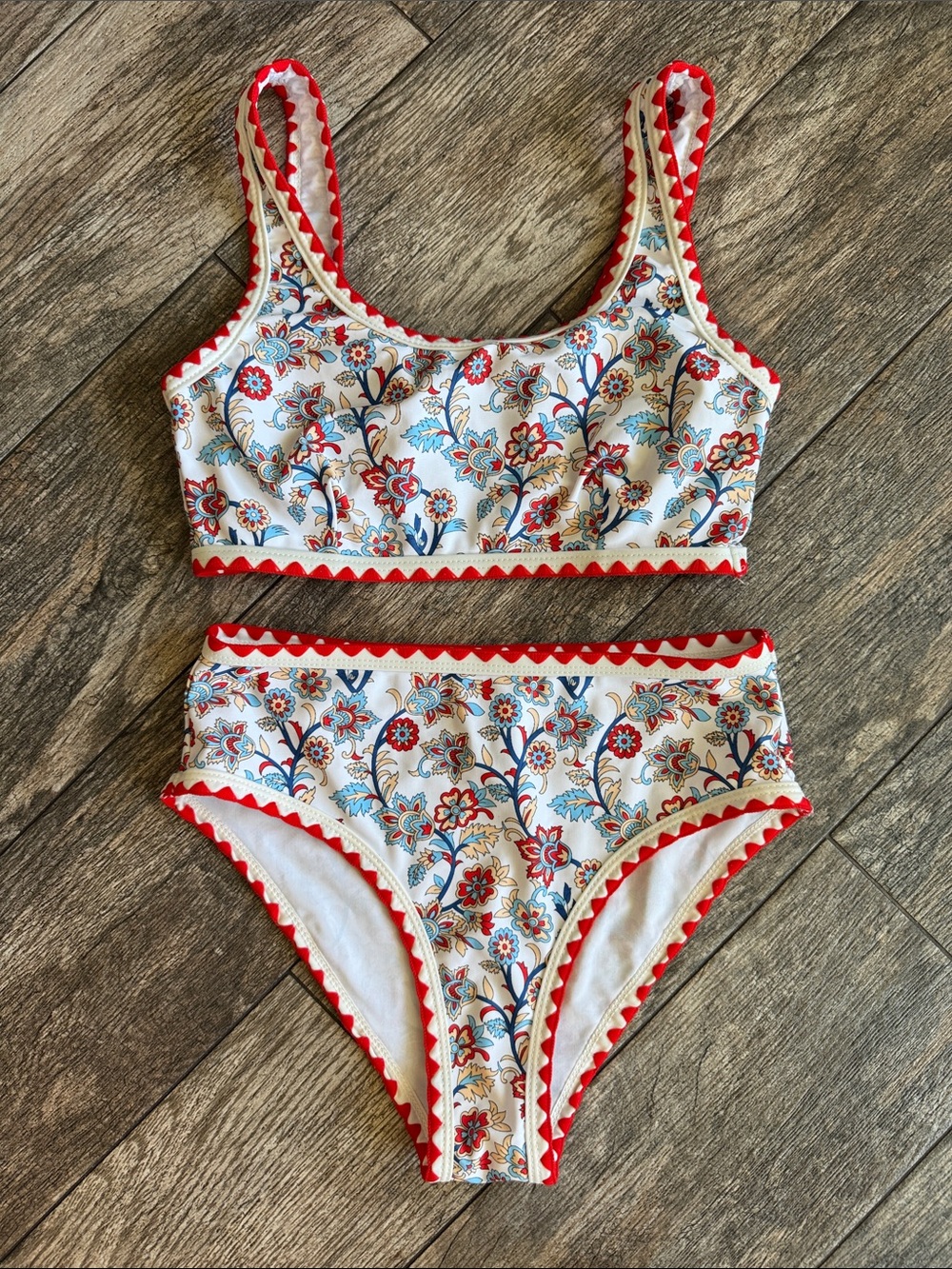 Floral Two-Piece Bikini with Red Trim